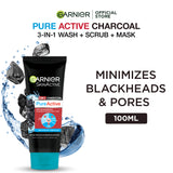 Garnier - Pure Active 3-in-1 Charcoal Blackhead Face Wash, Mask & Scrub - 100ml