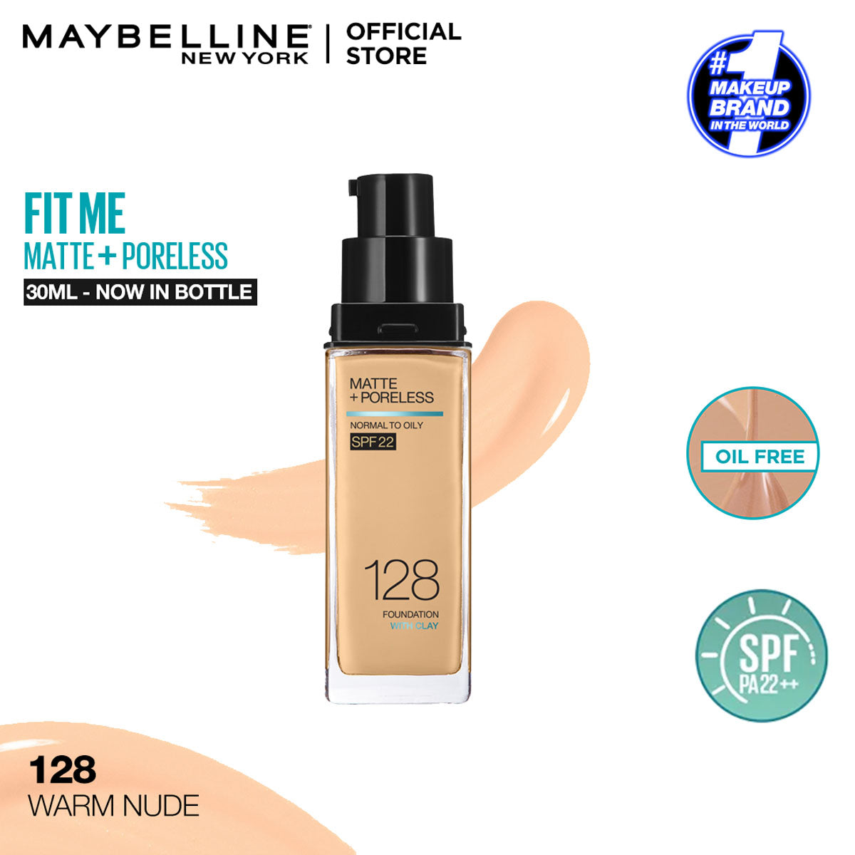 Maybelline New York Fit Me Matte+Poreless Liquid Foundation 16H Oil Control  - 128 Warm Nude